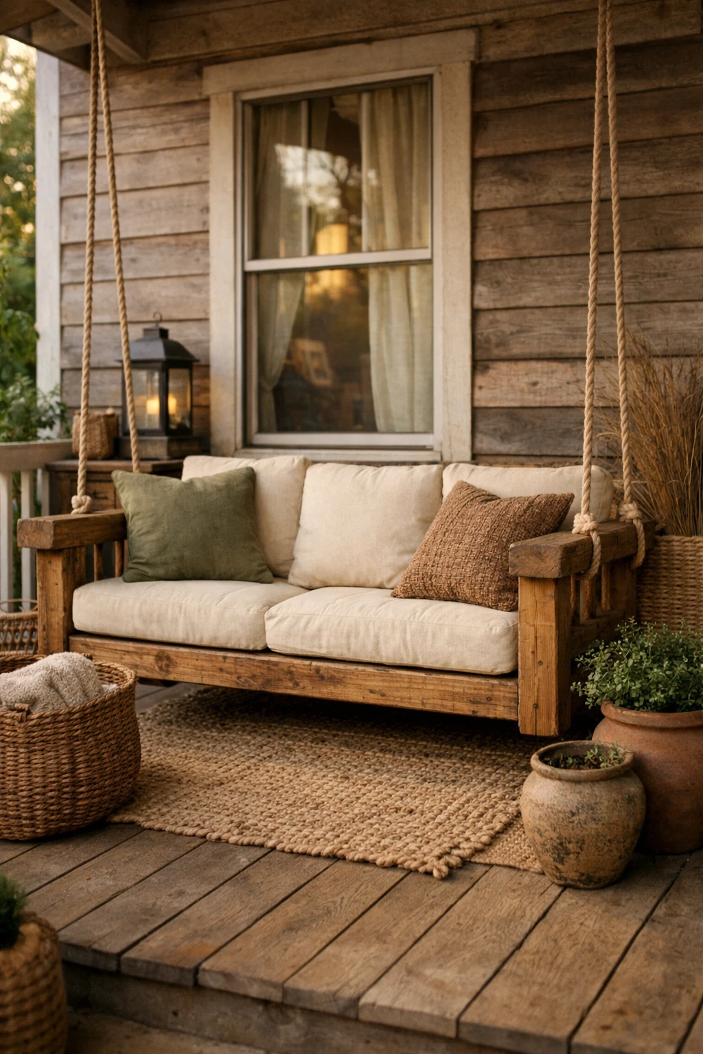 A rustic porch swing with woven textures, earthy pillows, and natural materials on a warm front porch.