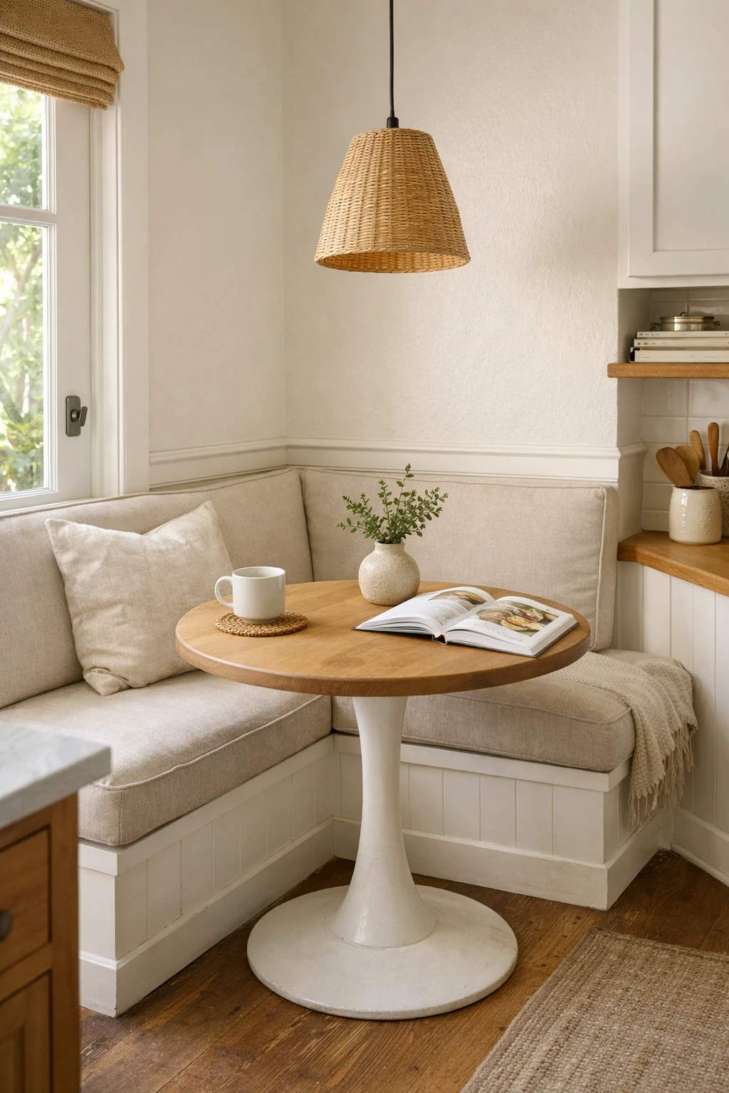 A compact kitchen banquette fitted into a small awkward corner with custom cushions and a pedestal table.