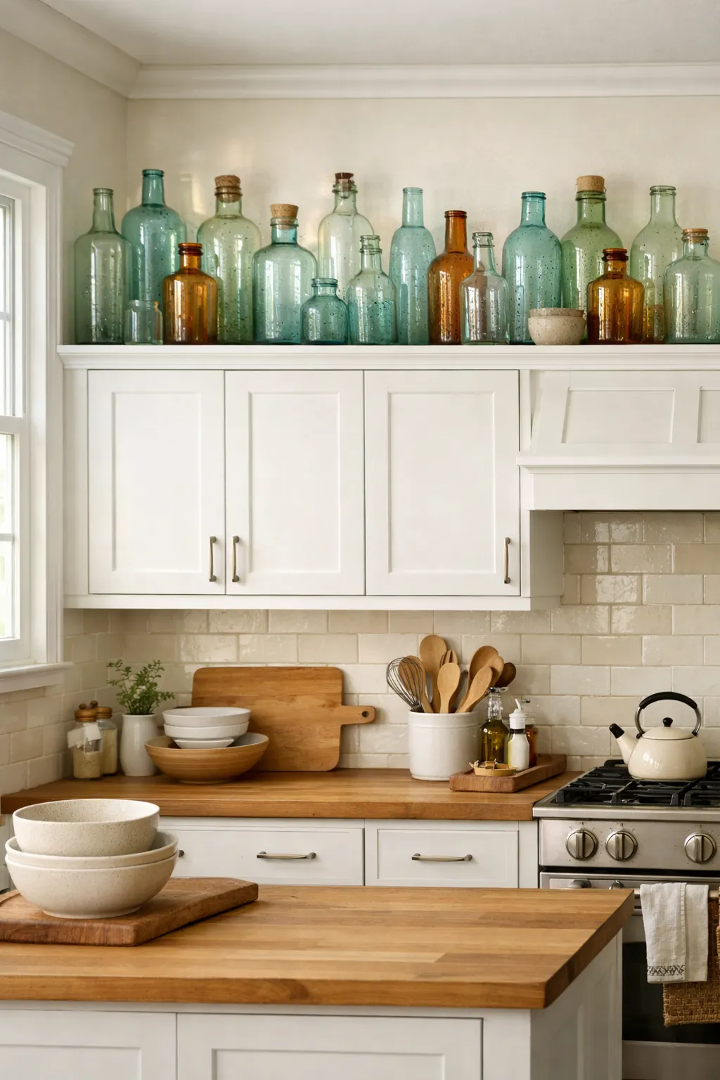 Vintage blue and green glass bottles displayed above kitchen cabinets.