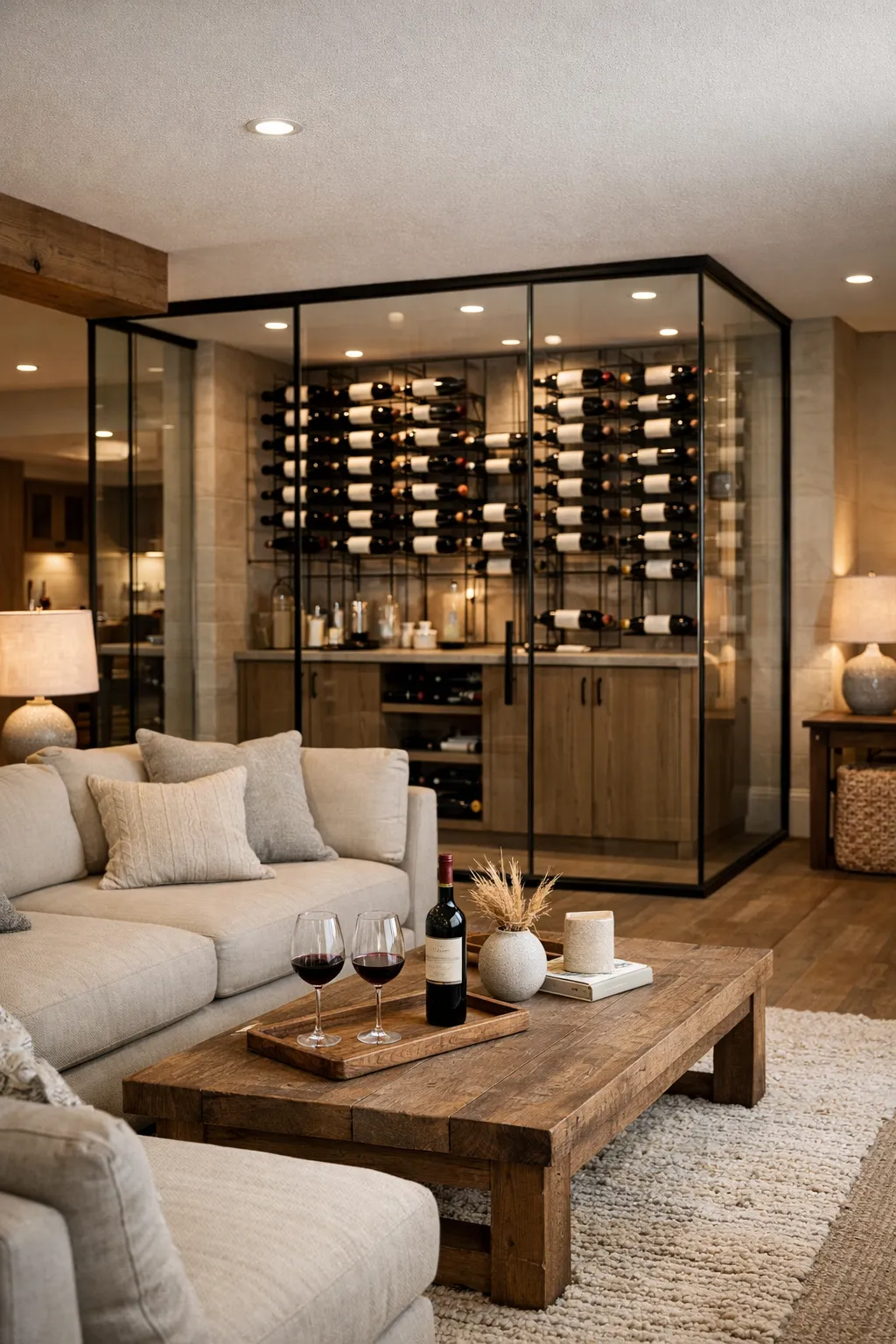 Modern basement entertainment area with glass wine cellar.