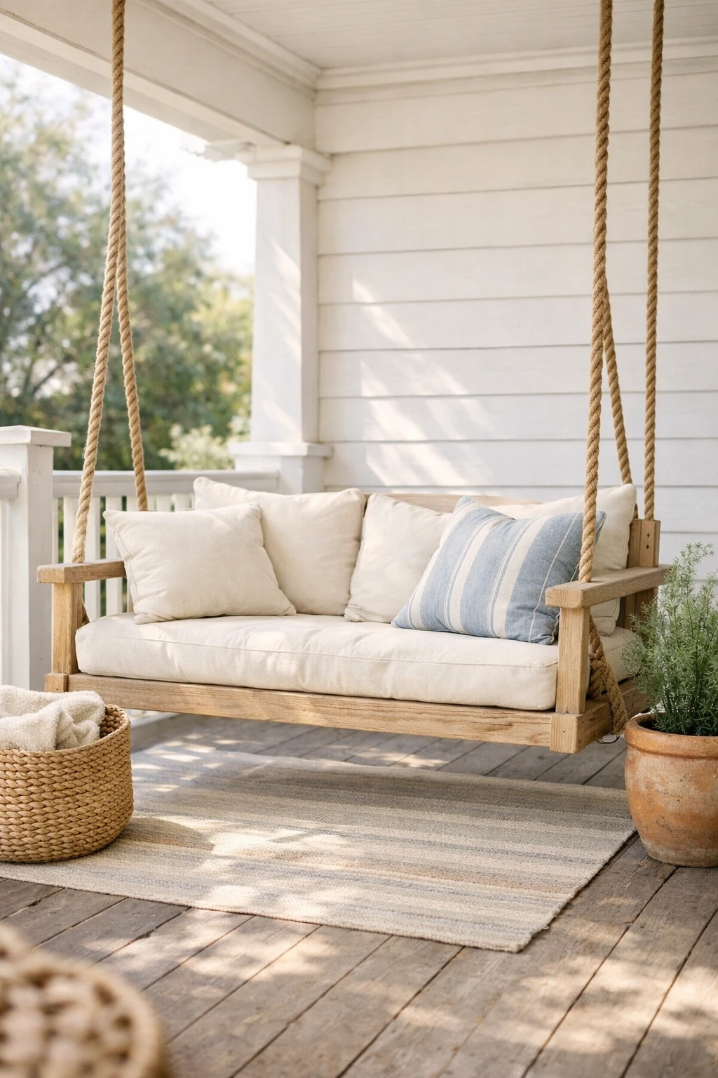 A coastal-style porch swing with cream cushions, light blue pillows, and airy breezy styling.