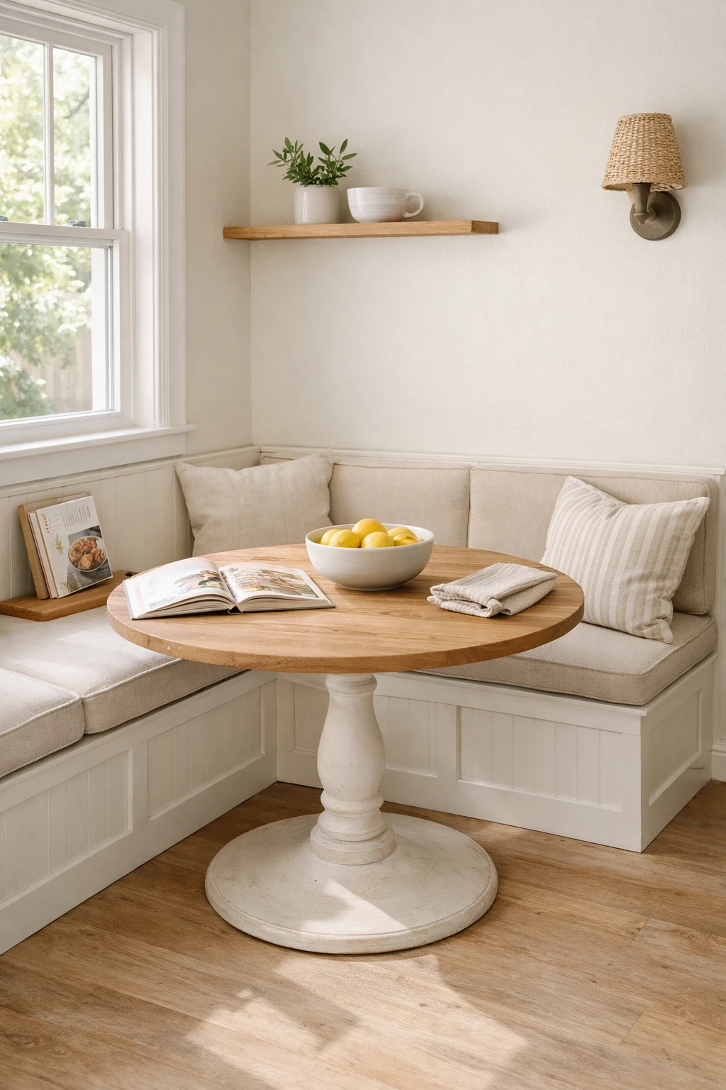 A custom-look DIY kitchen banquette made with simple built-in elements, neutral cushions, and practical styling.