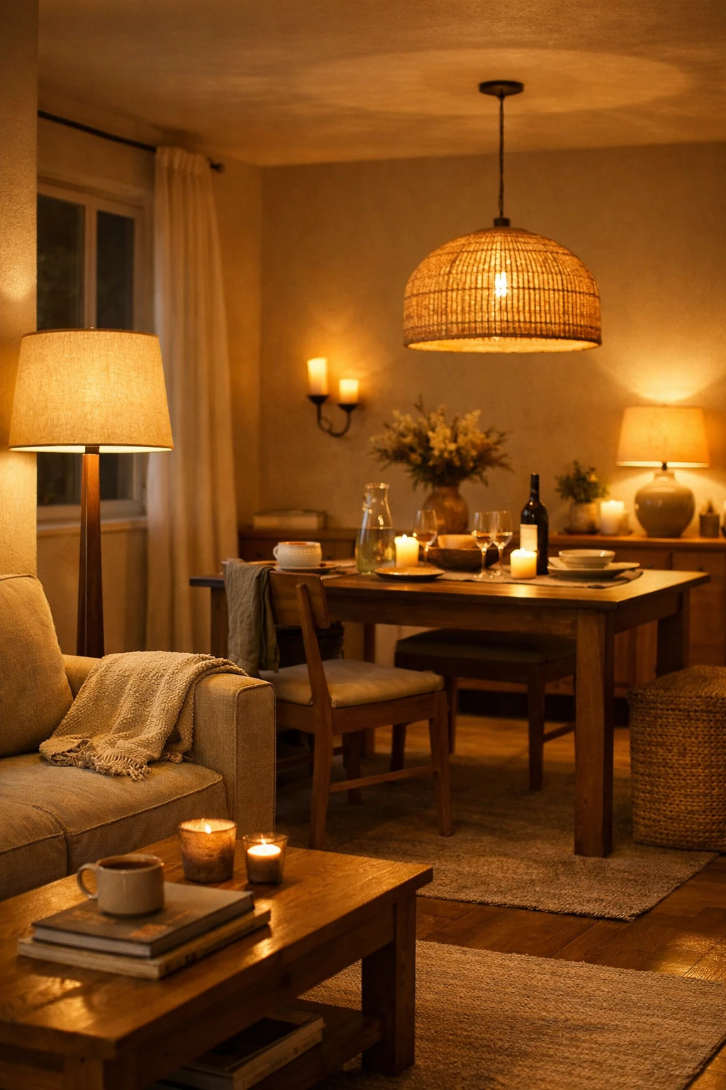A cozy open living and dining room lit with lamps, a pendant, and warm ambient evening light.