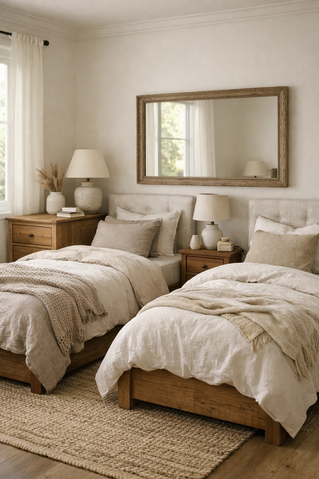 A mirror helps reflect light and makes a twin bed guest room feel brighter and more open.