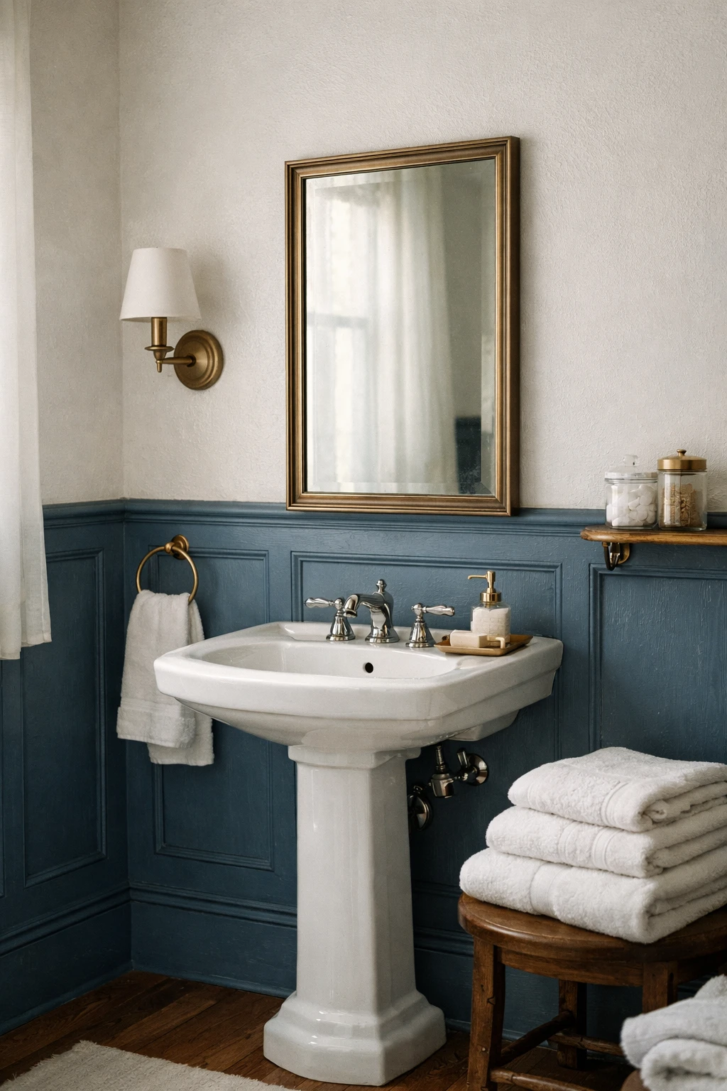 bathroom with blue wainscoting, light upper walls, and classic timeless styling.