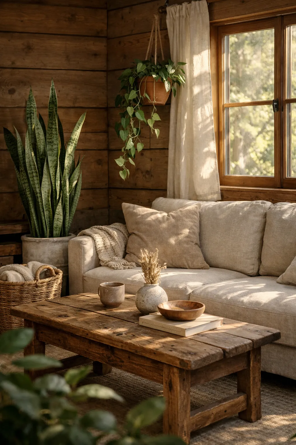 Small cabin living room styled with indoor plants and natural textures