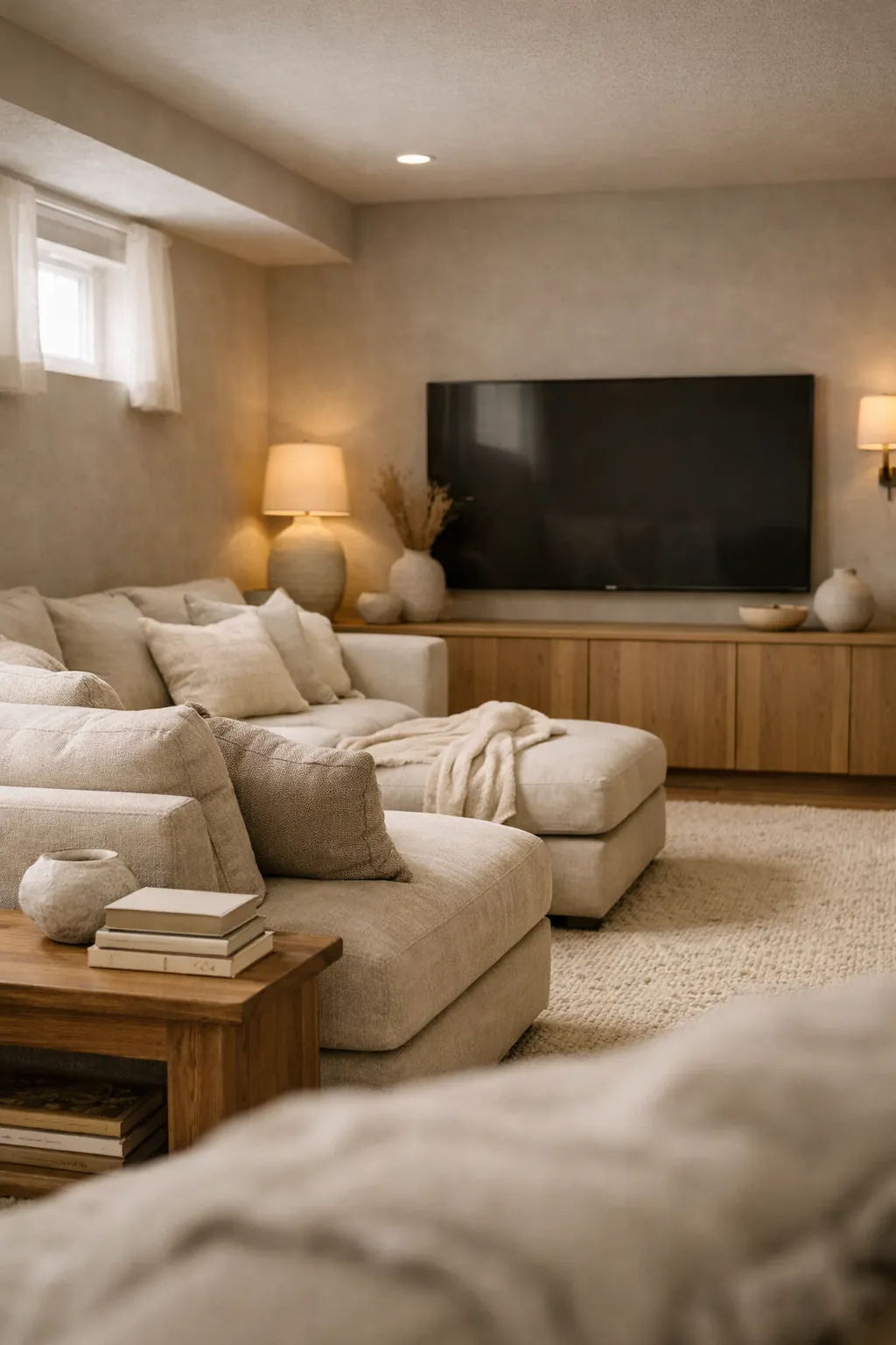 A basement theater in soft neutral tones with cozy seating and layered textures.
