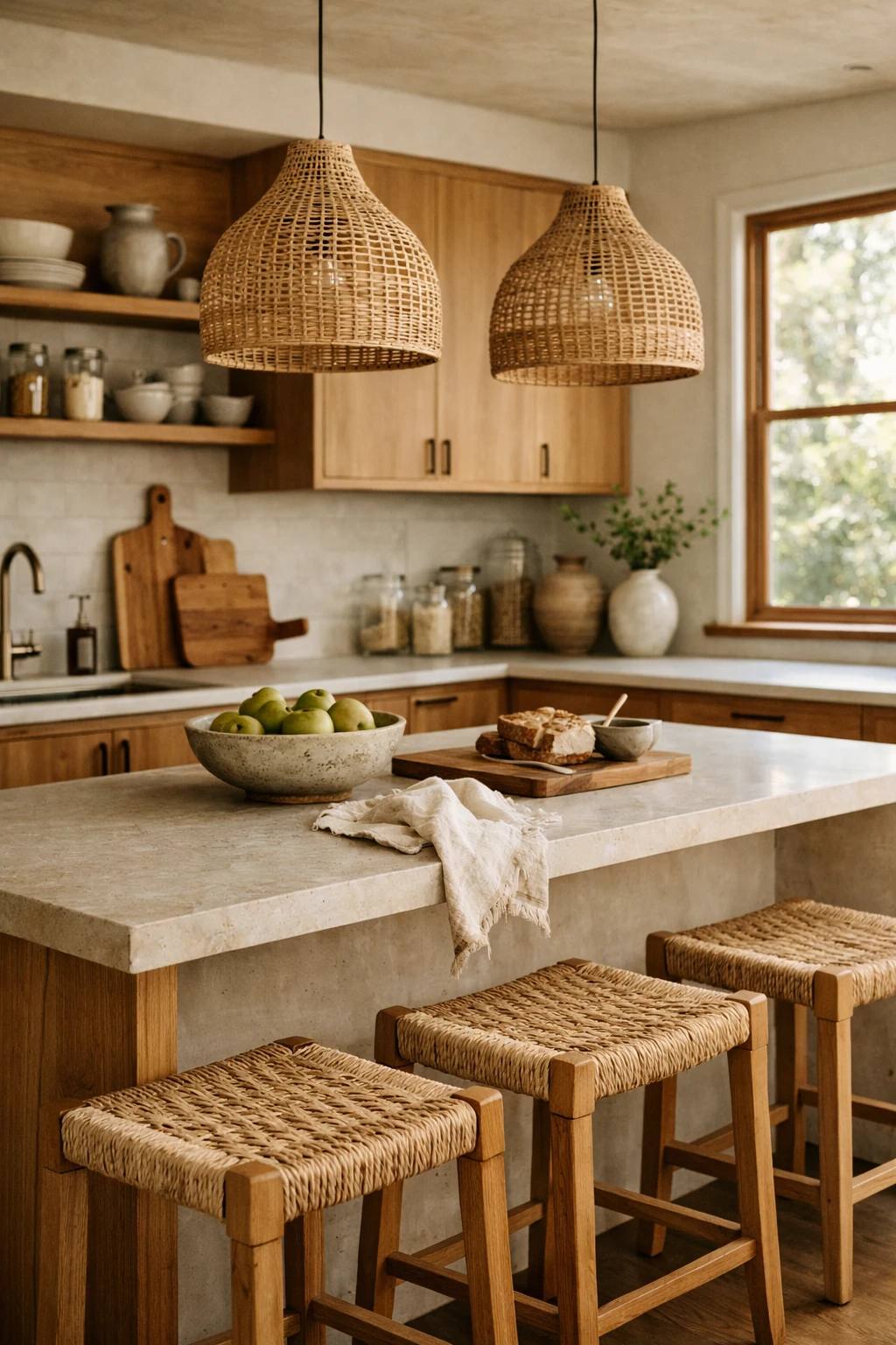Mid century kitchen blending natural materials with modern minimal style