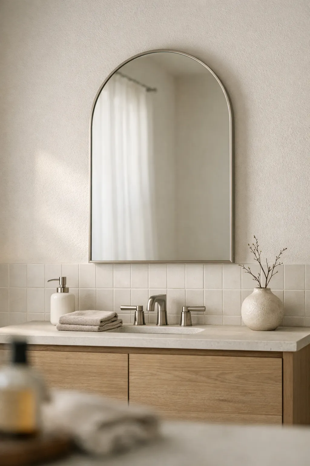 A modern neutral bathroom with a rounded mirror and soft balanced styling.