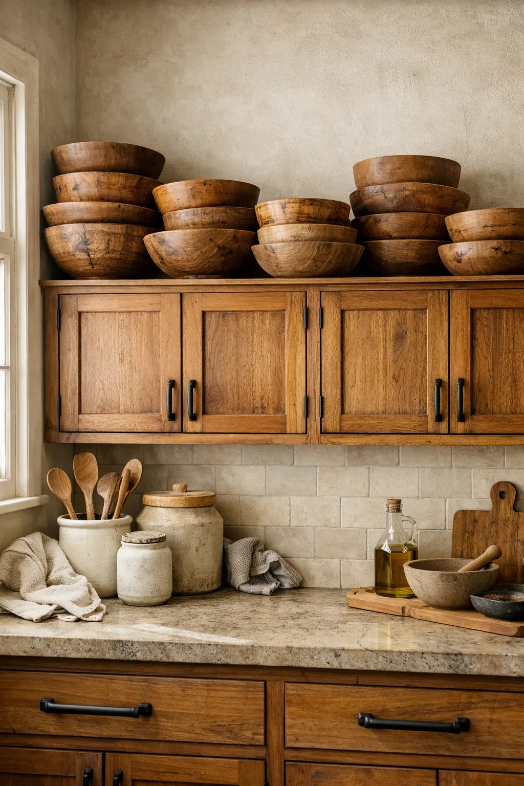 Stacked wooden bowls displayed above kitchen cabinets in a rustic kitchen.