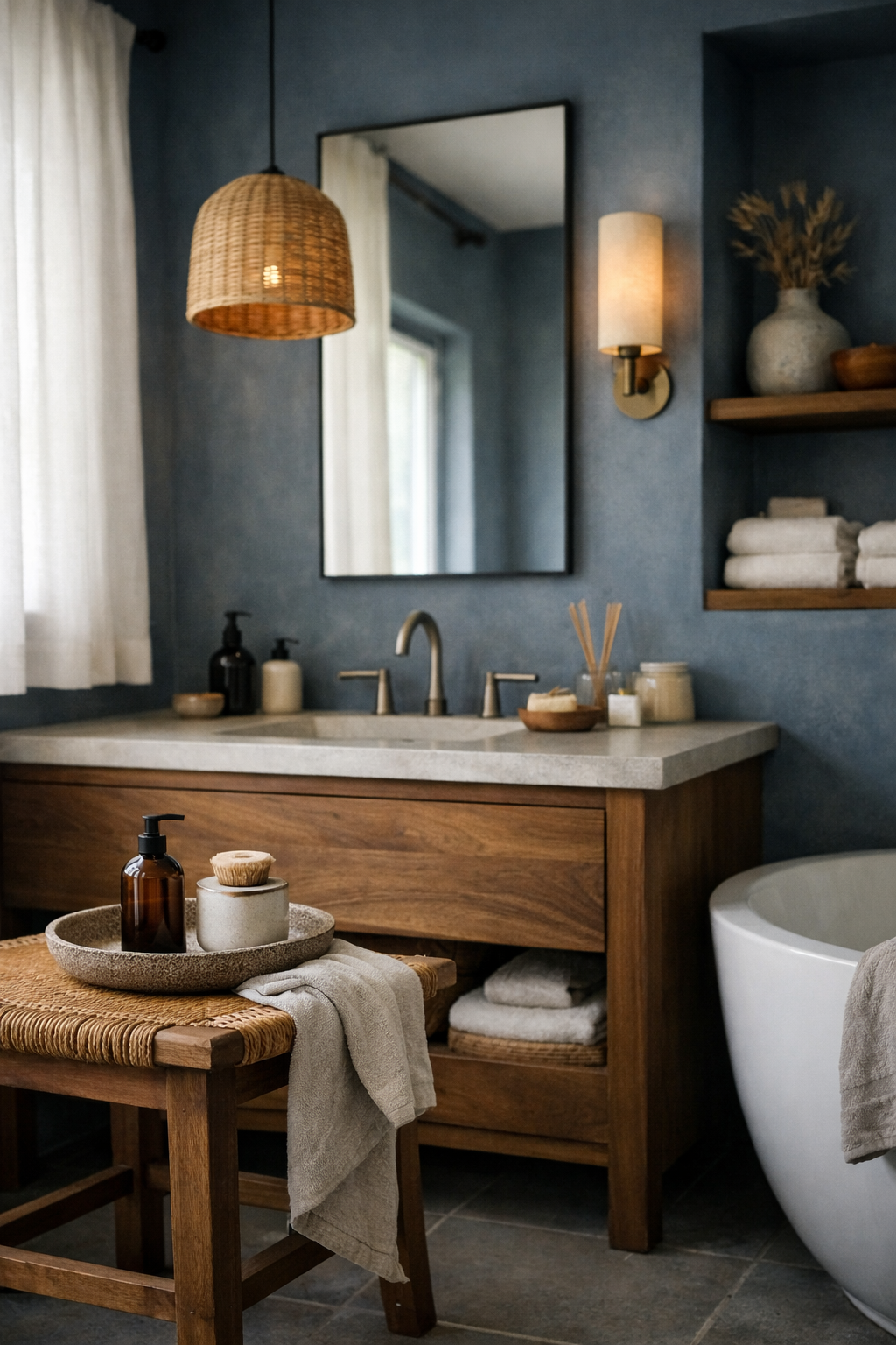 A moody blue bathroom with balanced decor, mixed textures, and an intentional finished look.