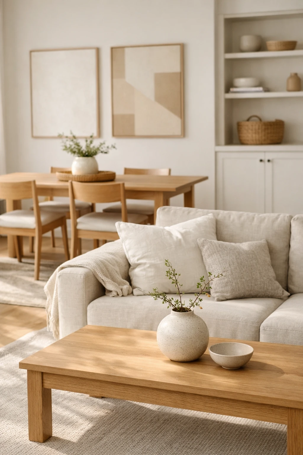 A calm open-plan living and dining room with minimal clutter, balanced decor, and soft neutral styling.