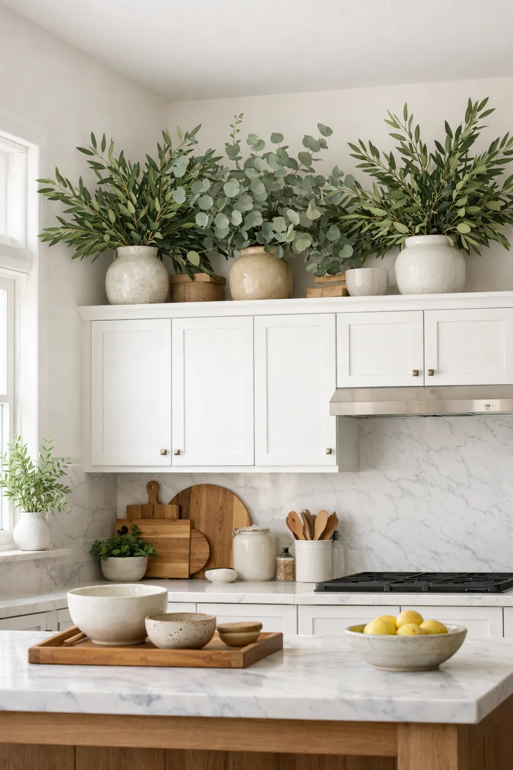 Large greenery arrangement placed above kitchen cabinets.