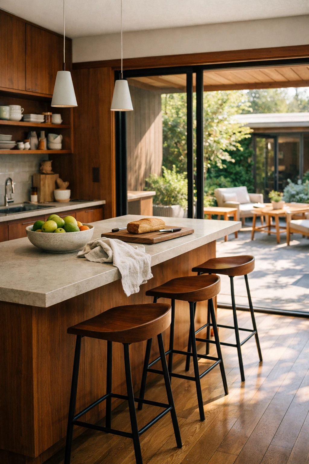 Mid century kitchen opening to patio with large sliding glass doors