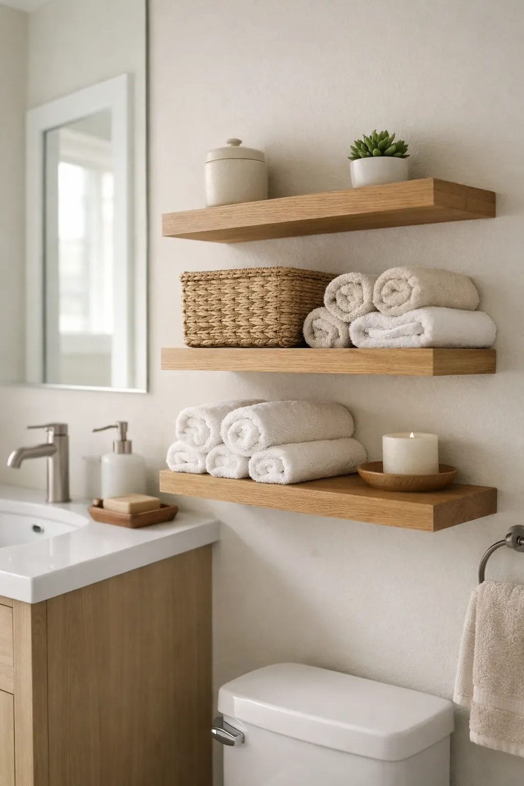 A modern bathroom with open shelving styled with neutral practical decor.