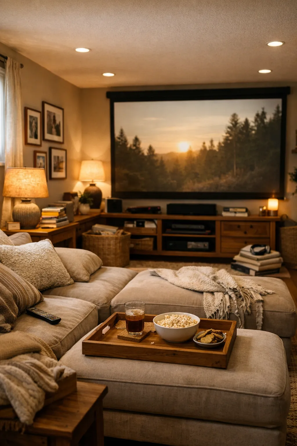 A personalized basement theater with art, cozy seating, and warm lived-in styling.