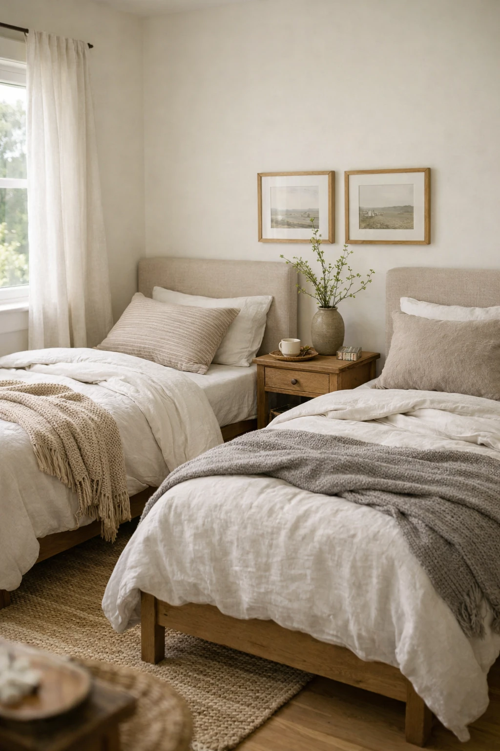 Subtle seasonal layers make this twin bed guest room feel fresh, cozy, and inviting year-round.