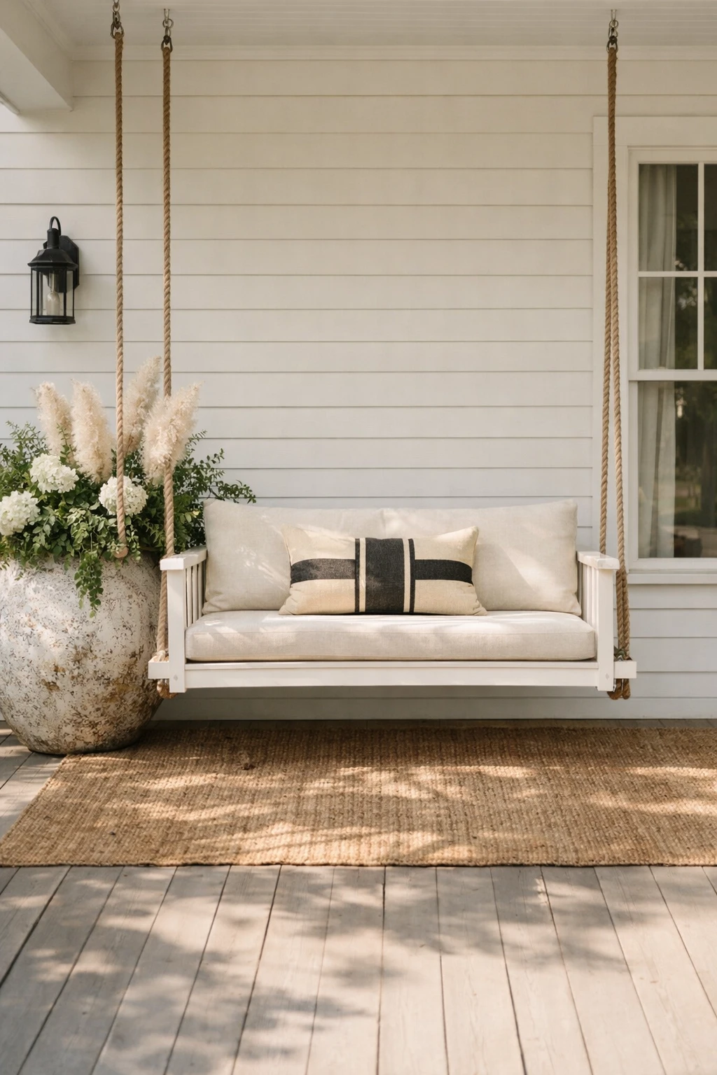 A simple front porch swing with one statement styling element and plenty of open space around it.