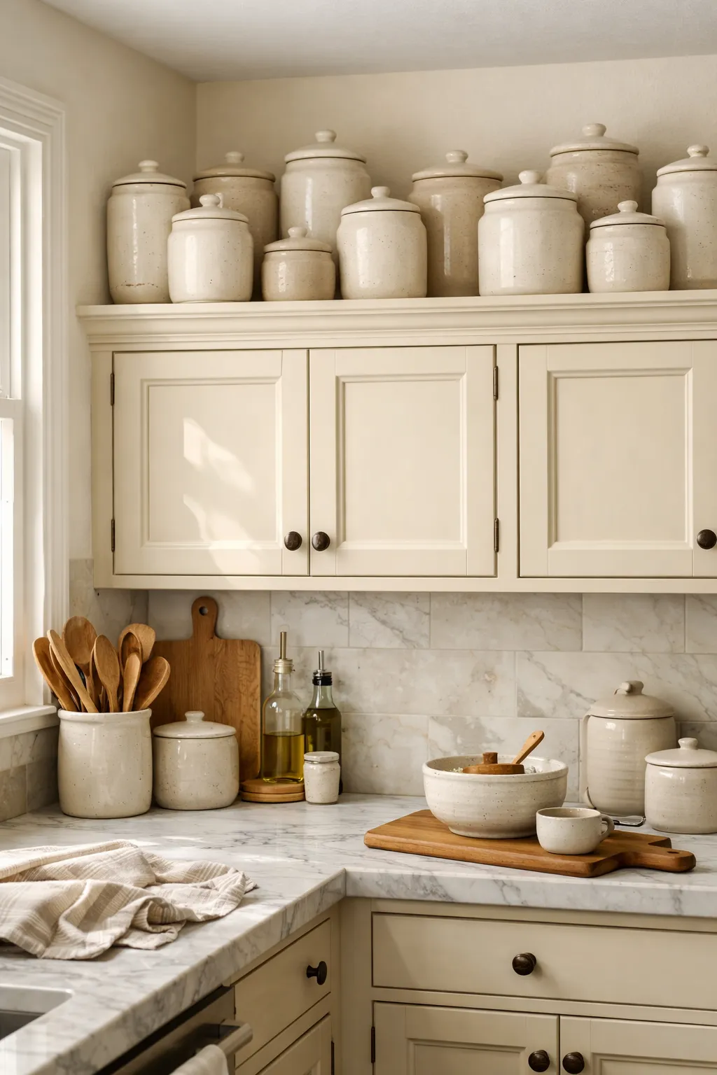 Ceramic kitchen canisters displayed above cabinets in a traditional kitchen.