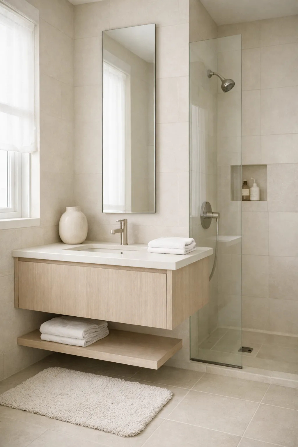 A small bathroom with tone-on-tone neutral colors and modern styling.