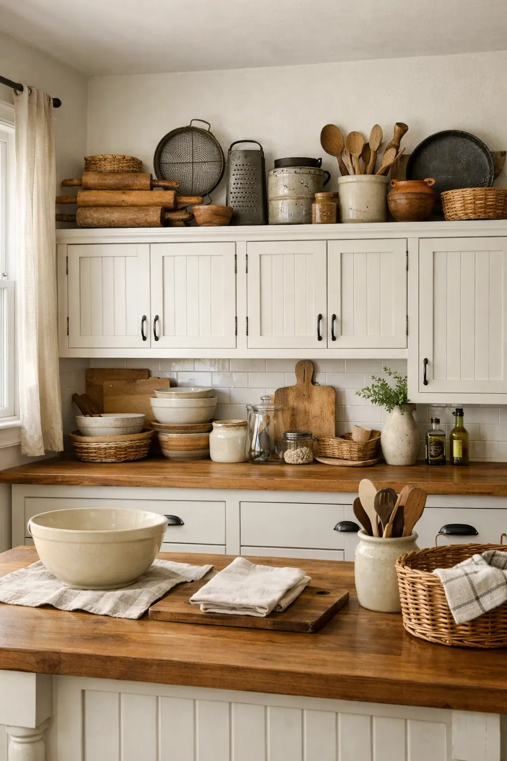 Vintage kitchen tools and wooden utensils displayed above kitchen cabinets.