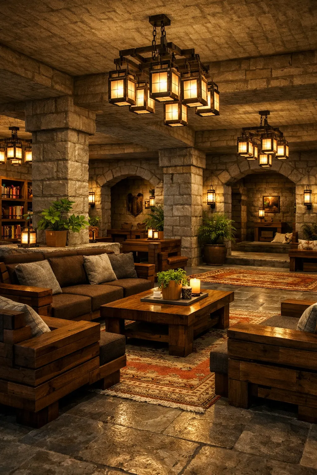 elegant underground Minecraft living room with seating and lanterns