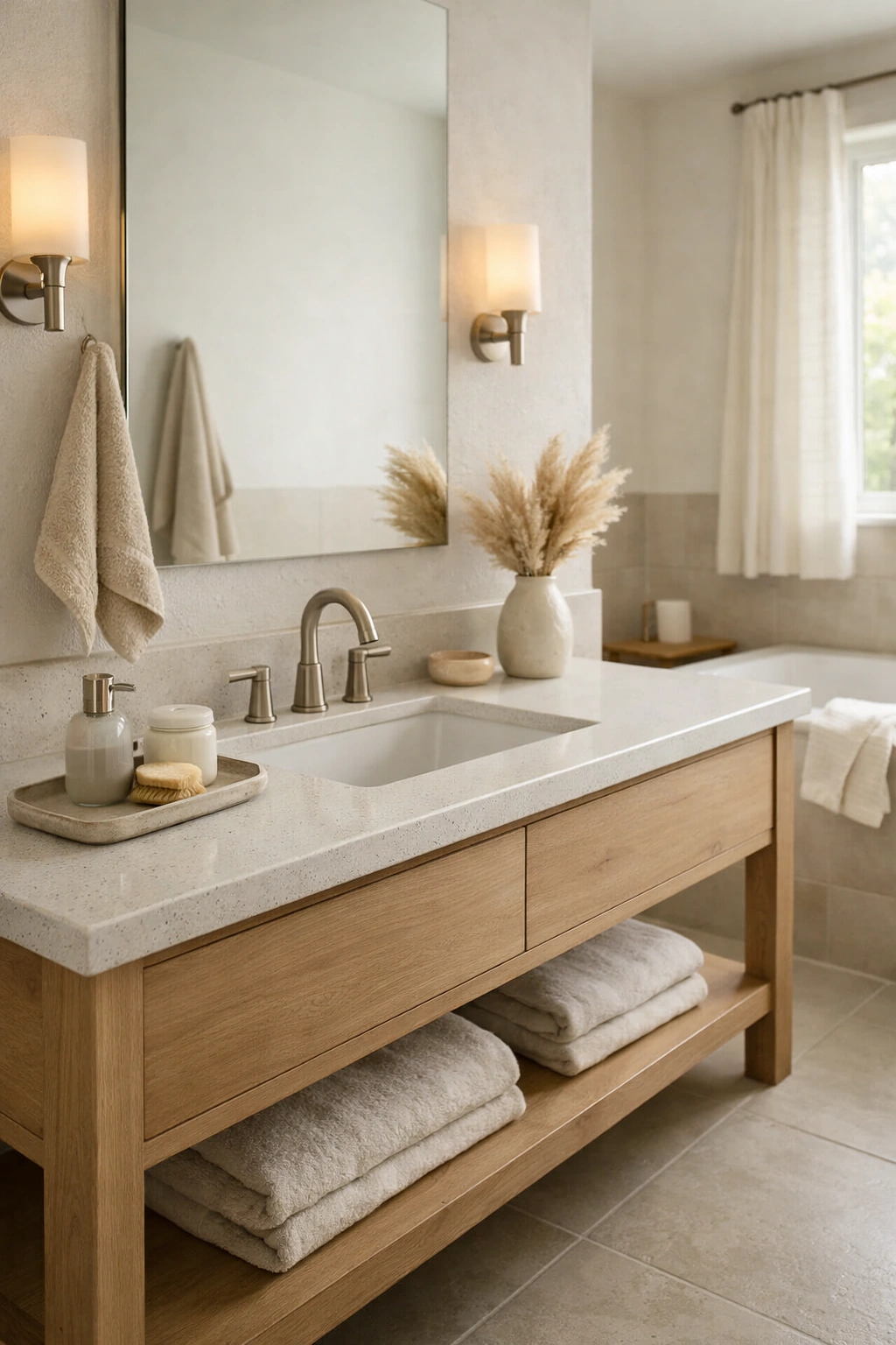 A timeless bathroom with a balanced mix of neutral warmth and modern design.