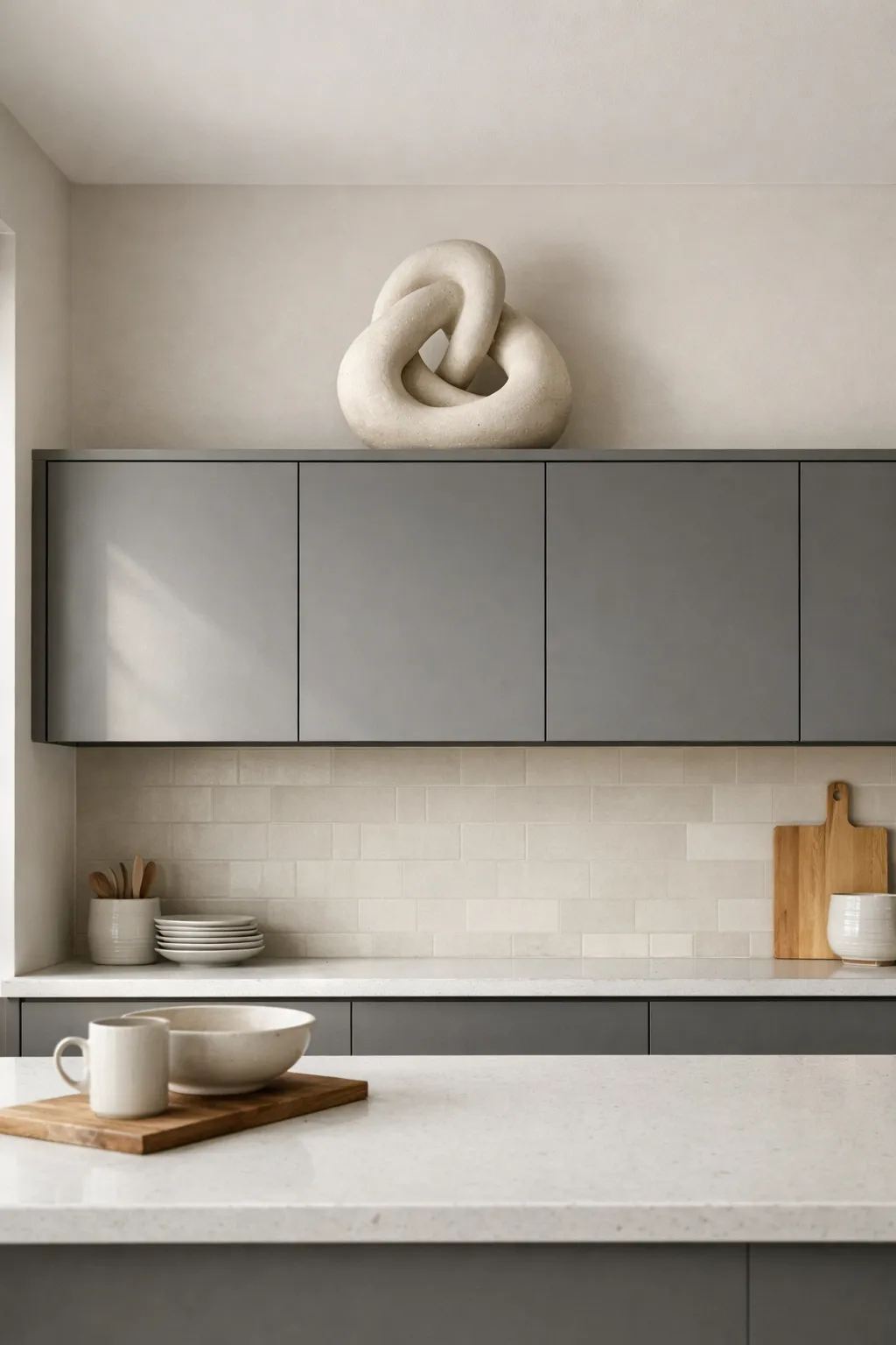Abstract sculptural decor displayed above modern kitchen cabinets.