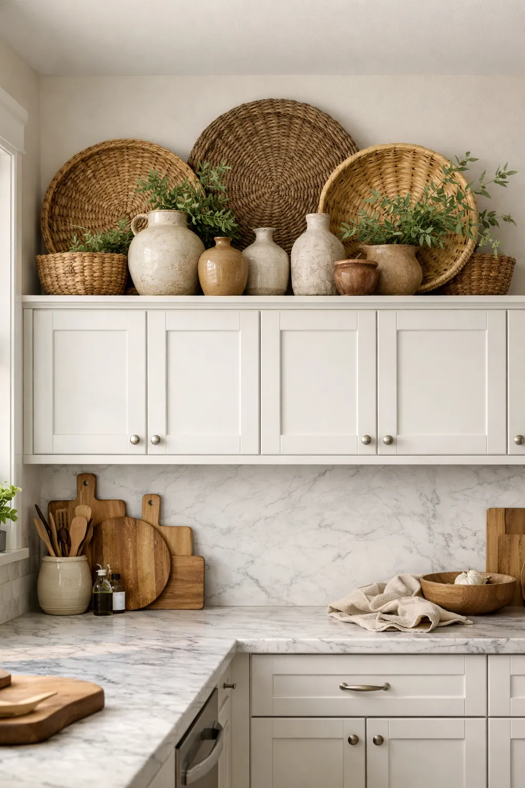 Layered baskets, pottery, and greenery styled above kitchen cabinets.