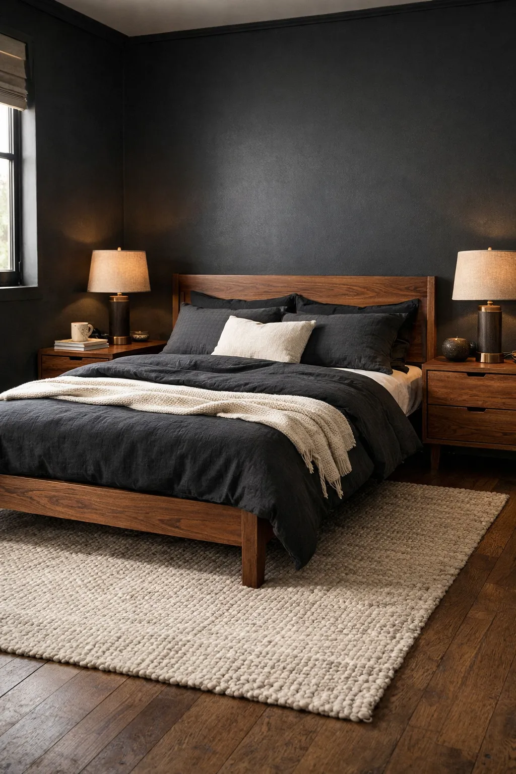 A black bedroom with walnut wood furniture, soft bedding, and warm layered lighting.