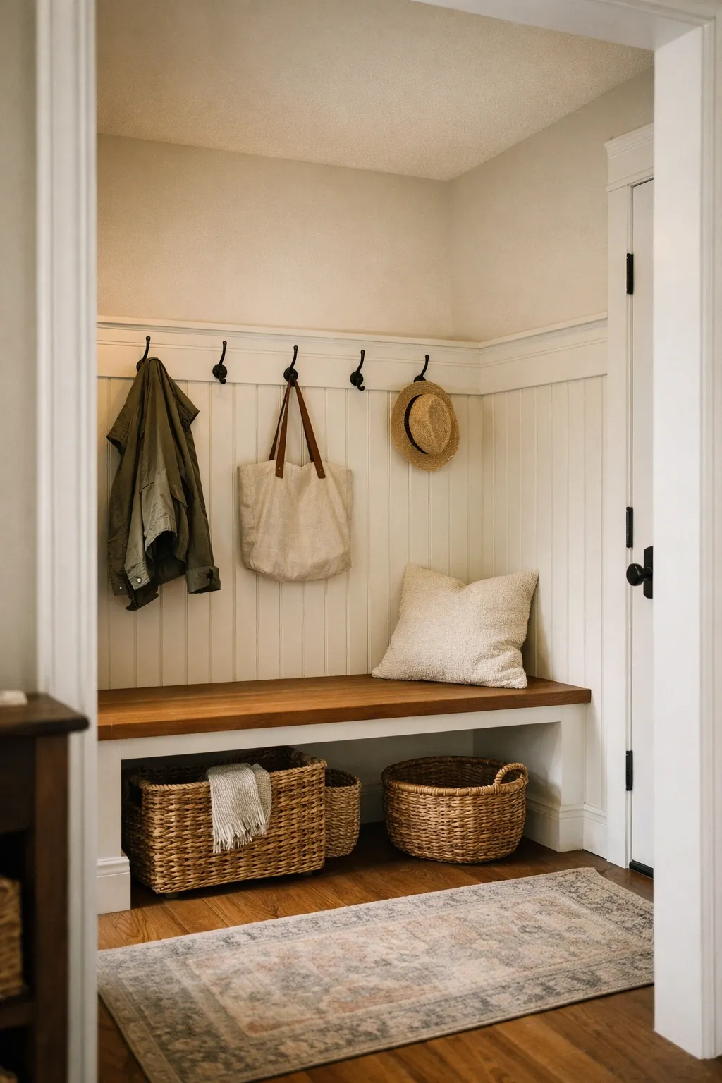 A custom built-in entry bench with wall hooks, storage, and soft neutral styling in a front hall.