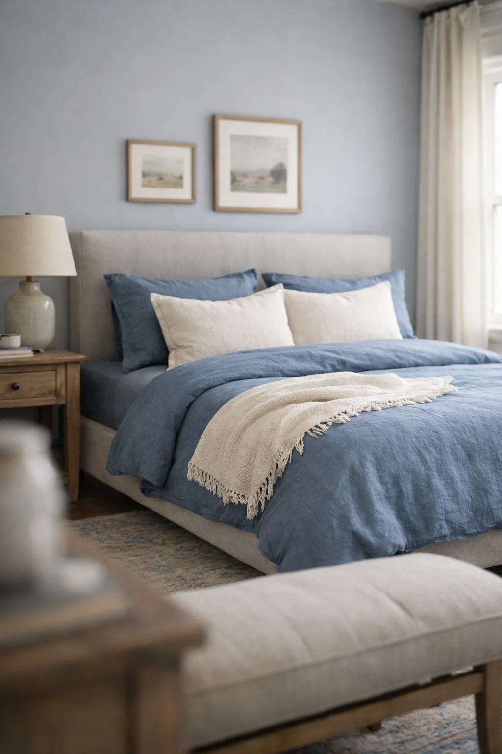 A serene bedroom with dusty blue bedding, soft gray walls, and layered neutral textures.