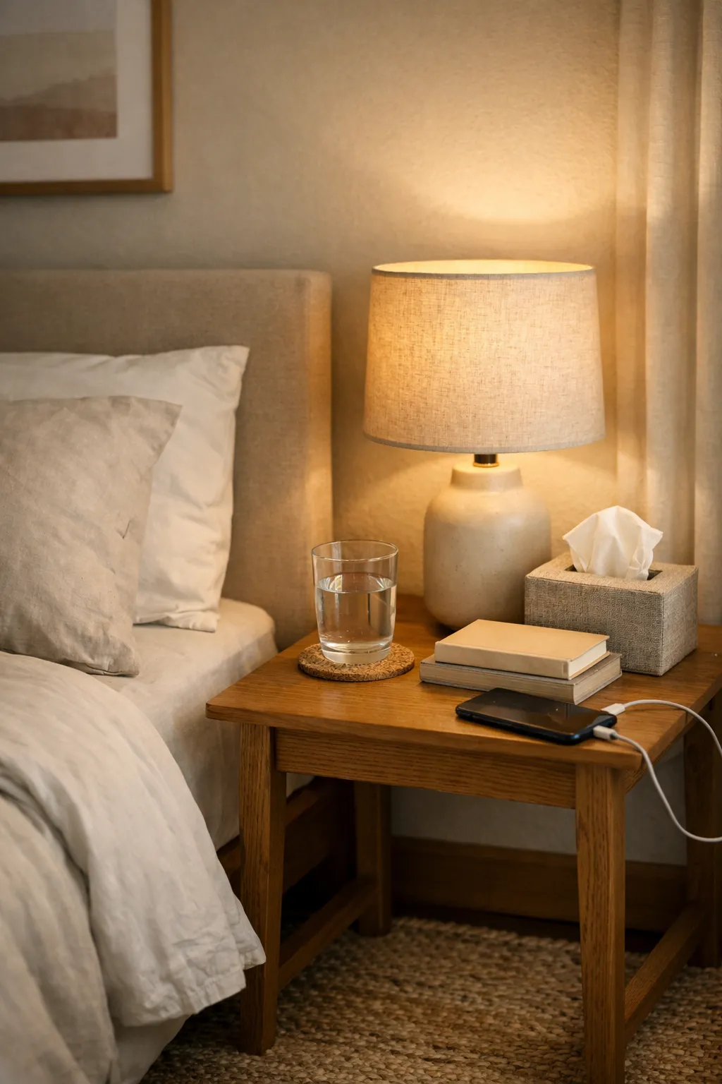 A guest bedroom nightstand with a lamp, water glass, books, and simple decor beside a neatly made bed.
