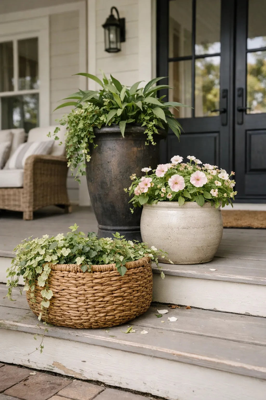 A double wide front porch with layered planters in different heights near the entry and steps.