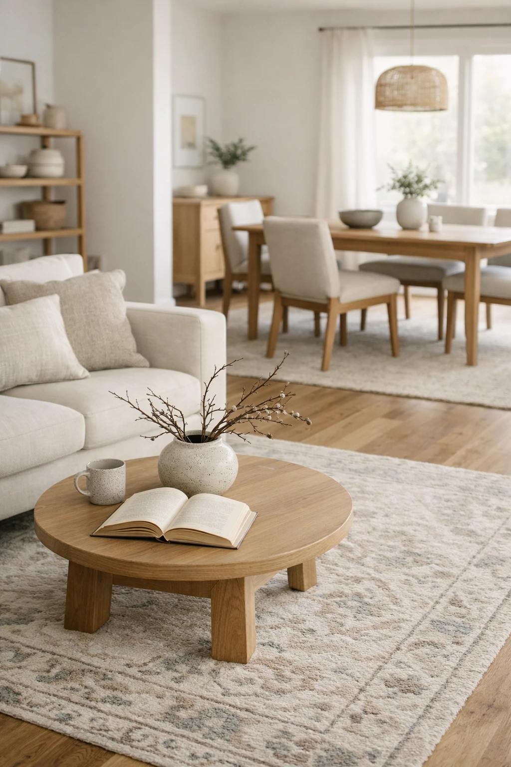 A large open room with related rugs under the living area and dining table in soft neutral tones.