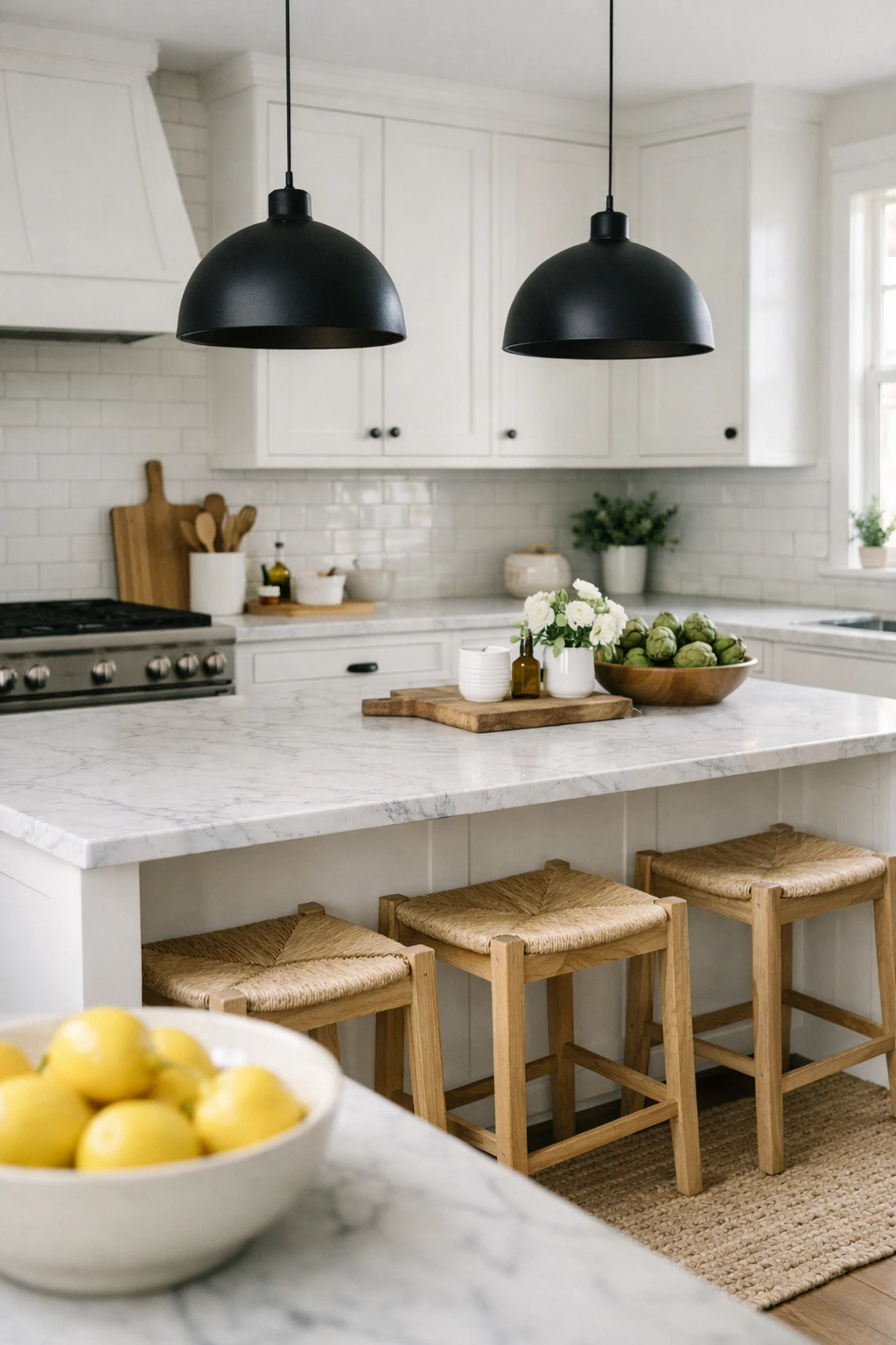Matte black dome pendant lights over a white kitchen island
