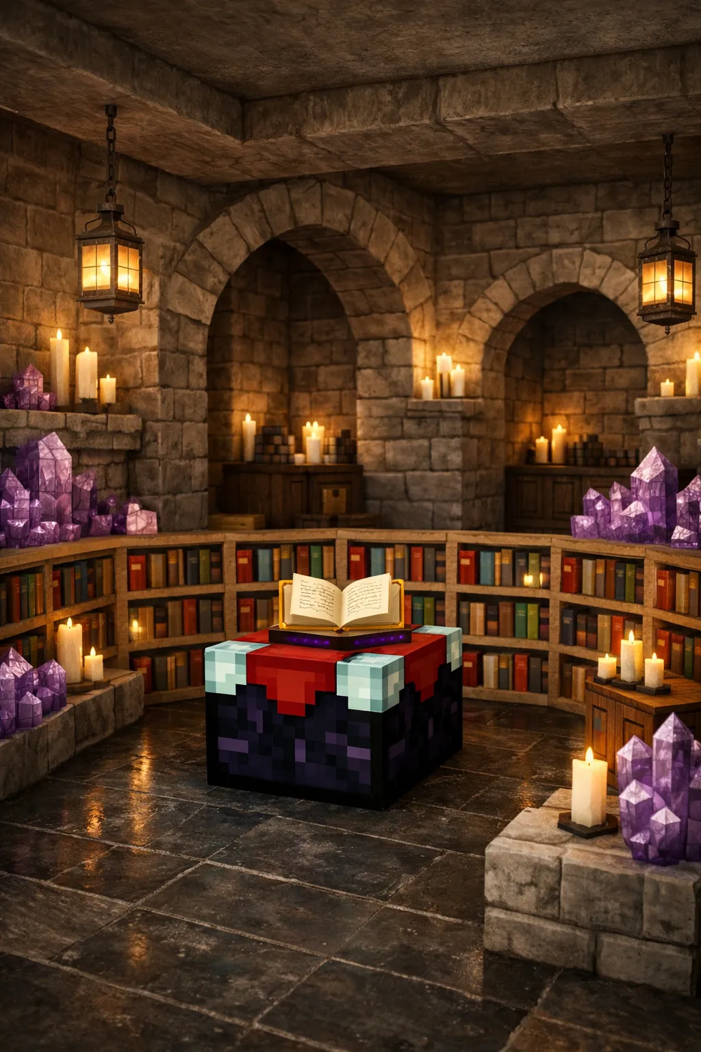 underground Minecraft enchanting room with bookshelves