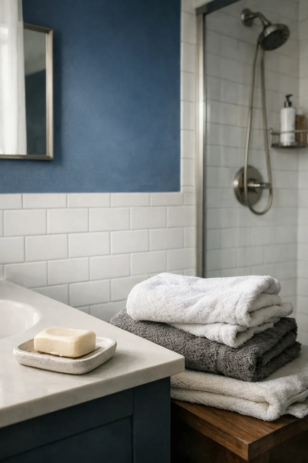 A moody blue bathroom with crisp white wall tile, soft light, and clean contrast.