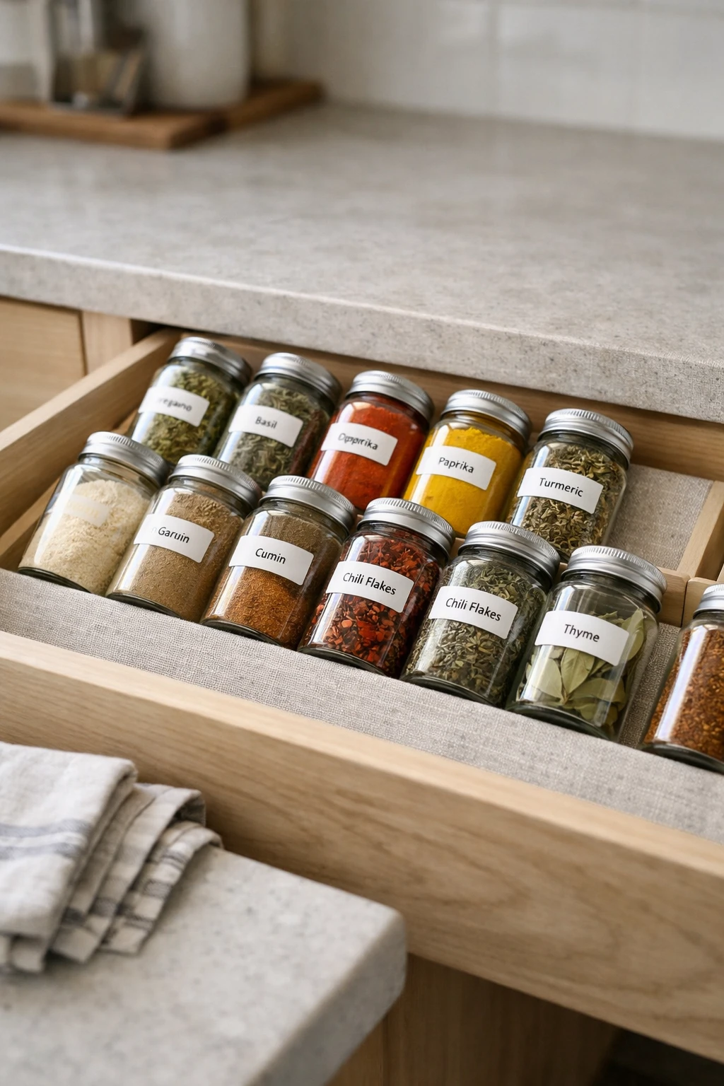 Kitchen spice drawer with neatly arranged glass jars and labels visible from above.
