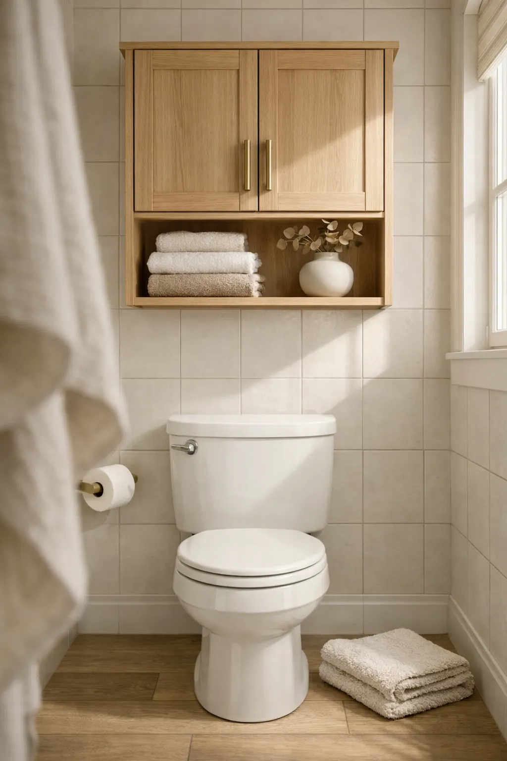 Small bathroom with a wooden cabinet installed above the toilet for extra storage.