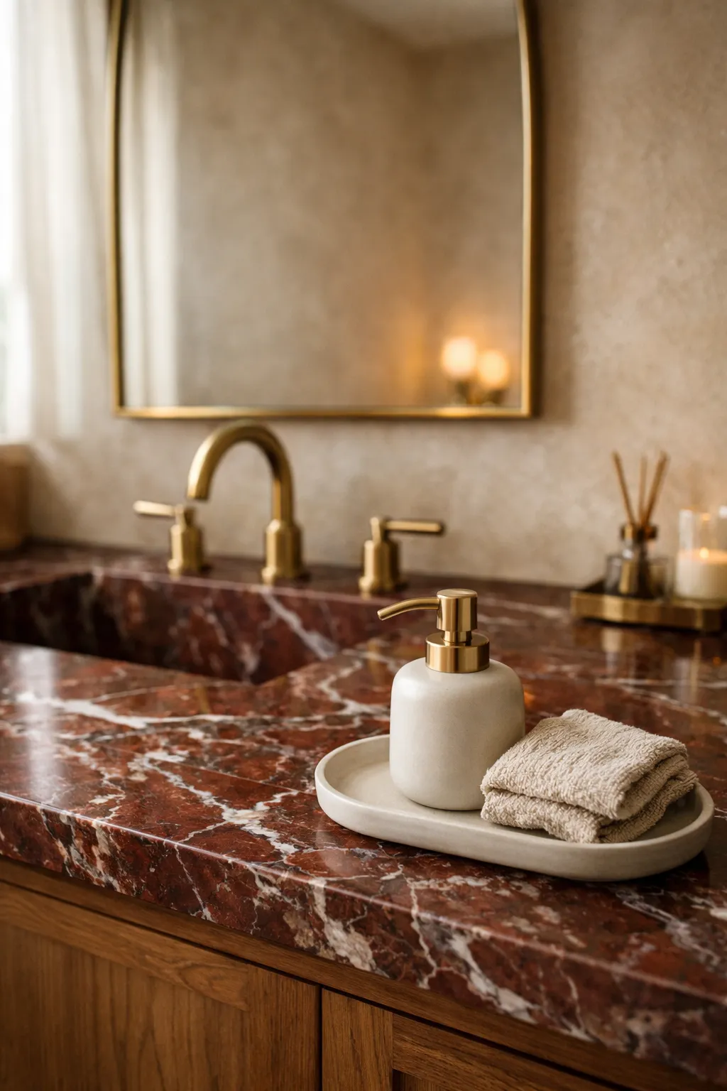 Bathroom vanity with red marble countertop paired with warm brushed brass fixtures.