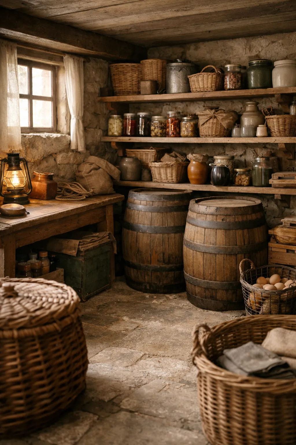 A rustic Animal Crossing basement with baskets, barrels, shelves, and earthy cottage-style decor.