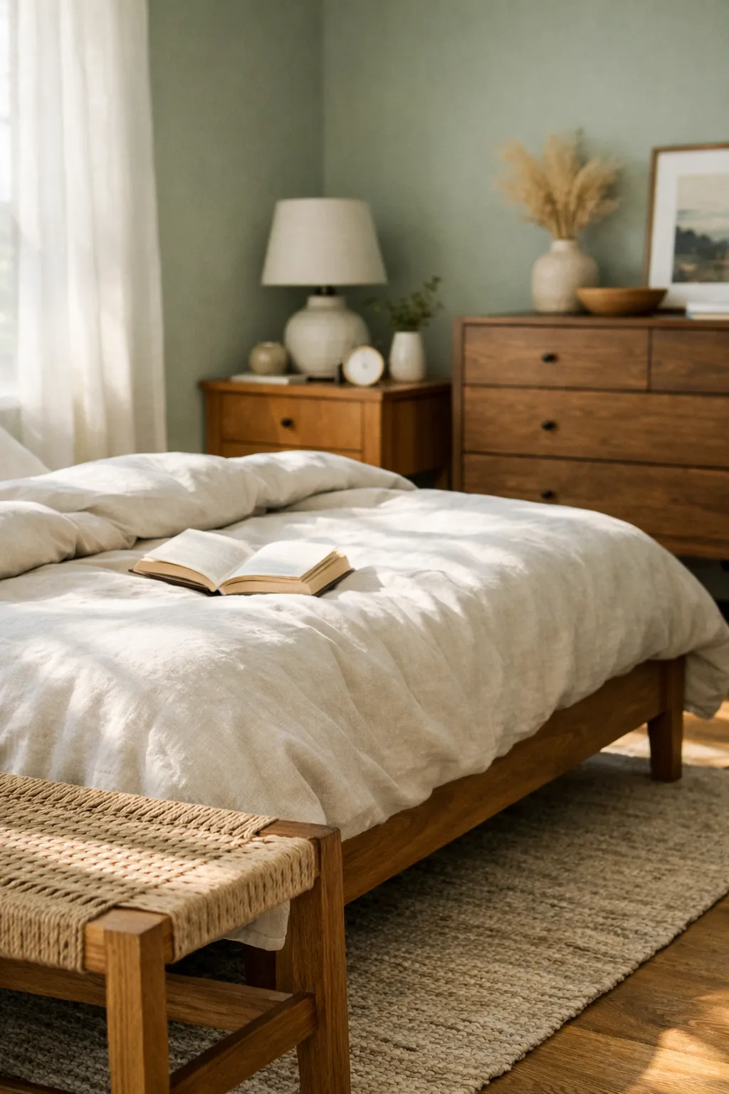 A sage green bedroom with oak furniture, neutral bedding, and warm daylight creating a soft earthy feel.
