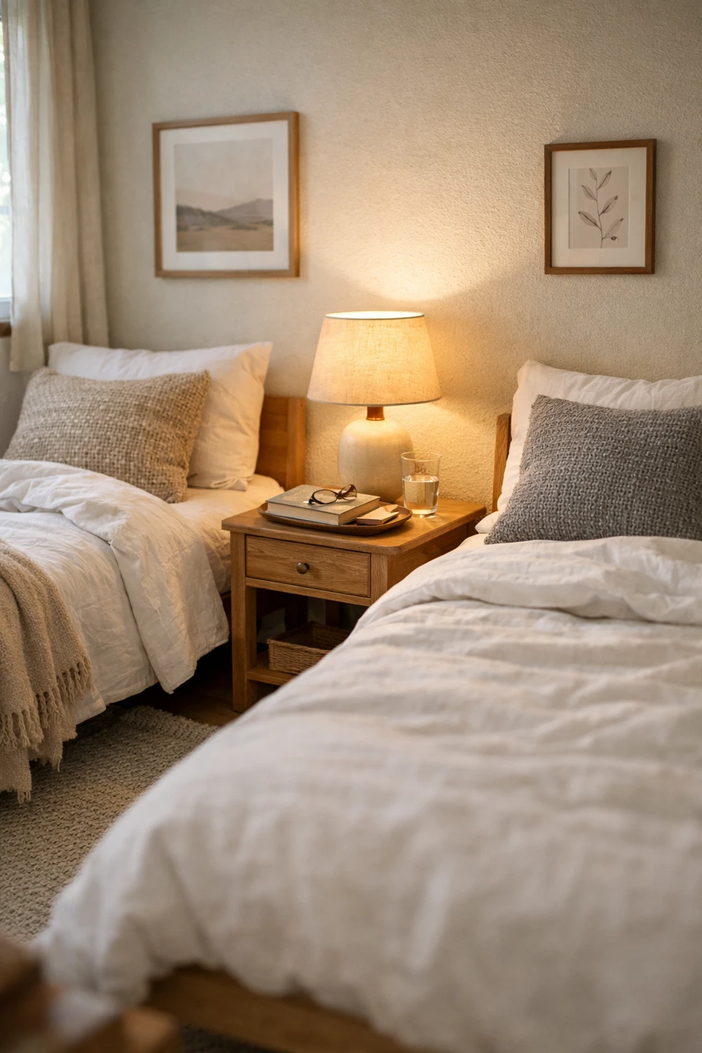 A shared nightstand between two twin beds adds function and cozy balance to a guest room.