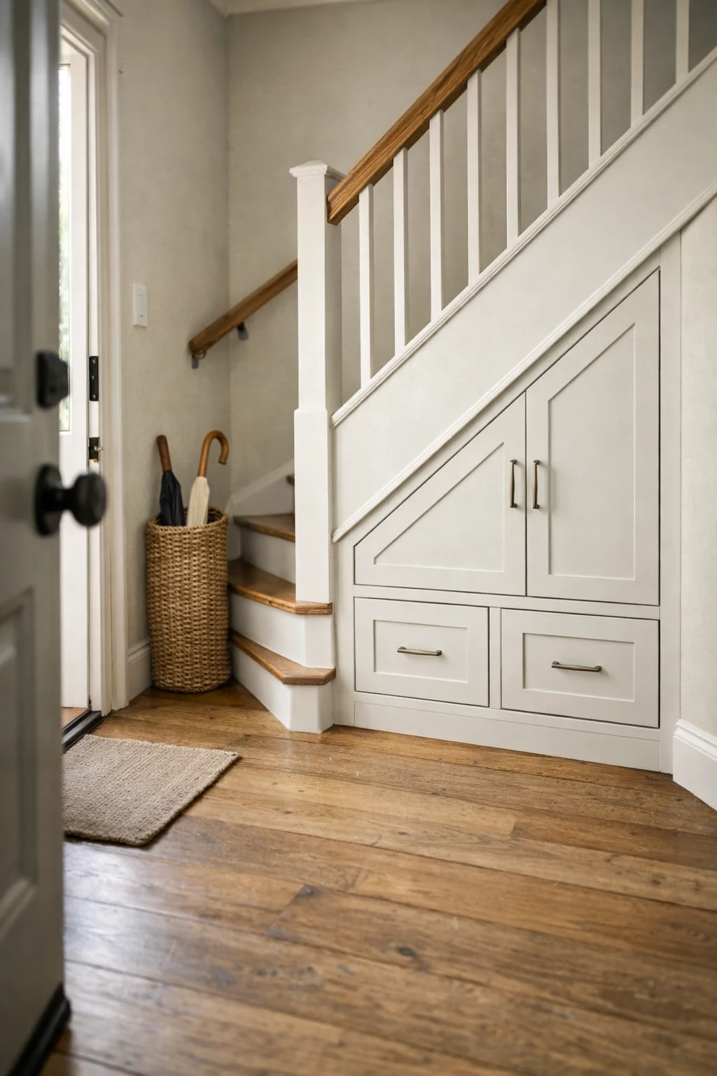 A narrow entryway with stairs and built-in under-stair storage cabinets.