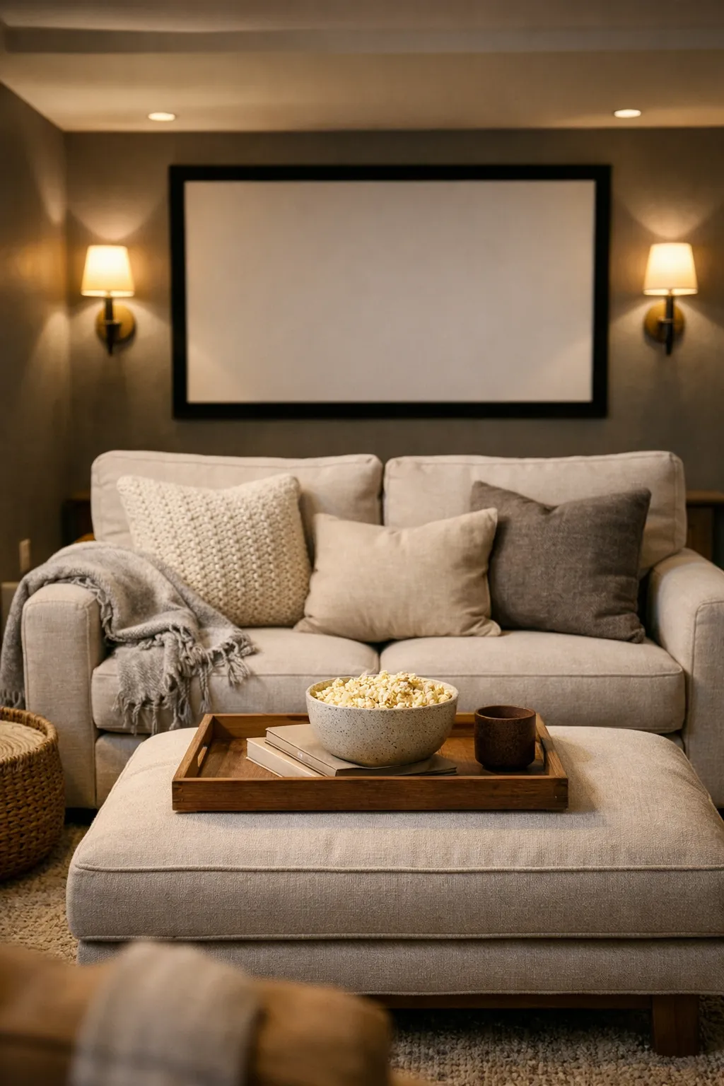 A basement home theater with wall sconces, dark walls, and cozy movie room seating.