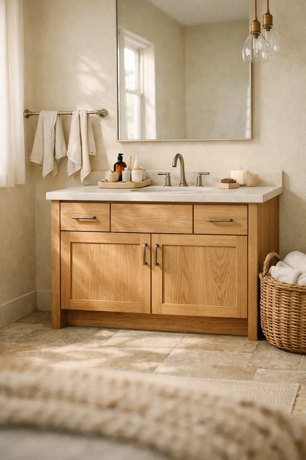 A warm neutral bathroom with soft beige tones and wooden vanity.