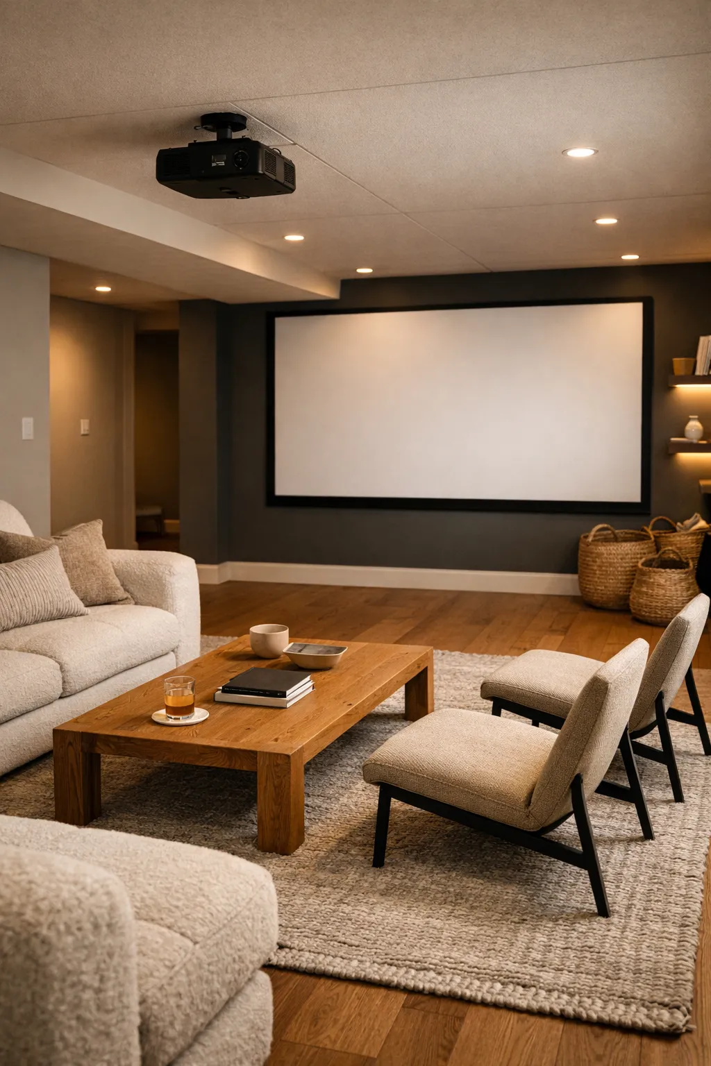 A basement home theater with projector screen, soft seating, and warm ambient lighting.