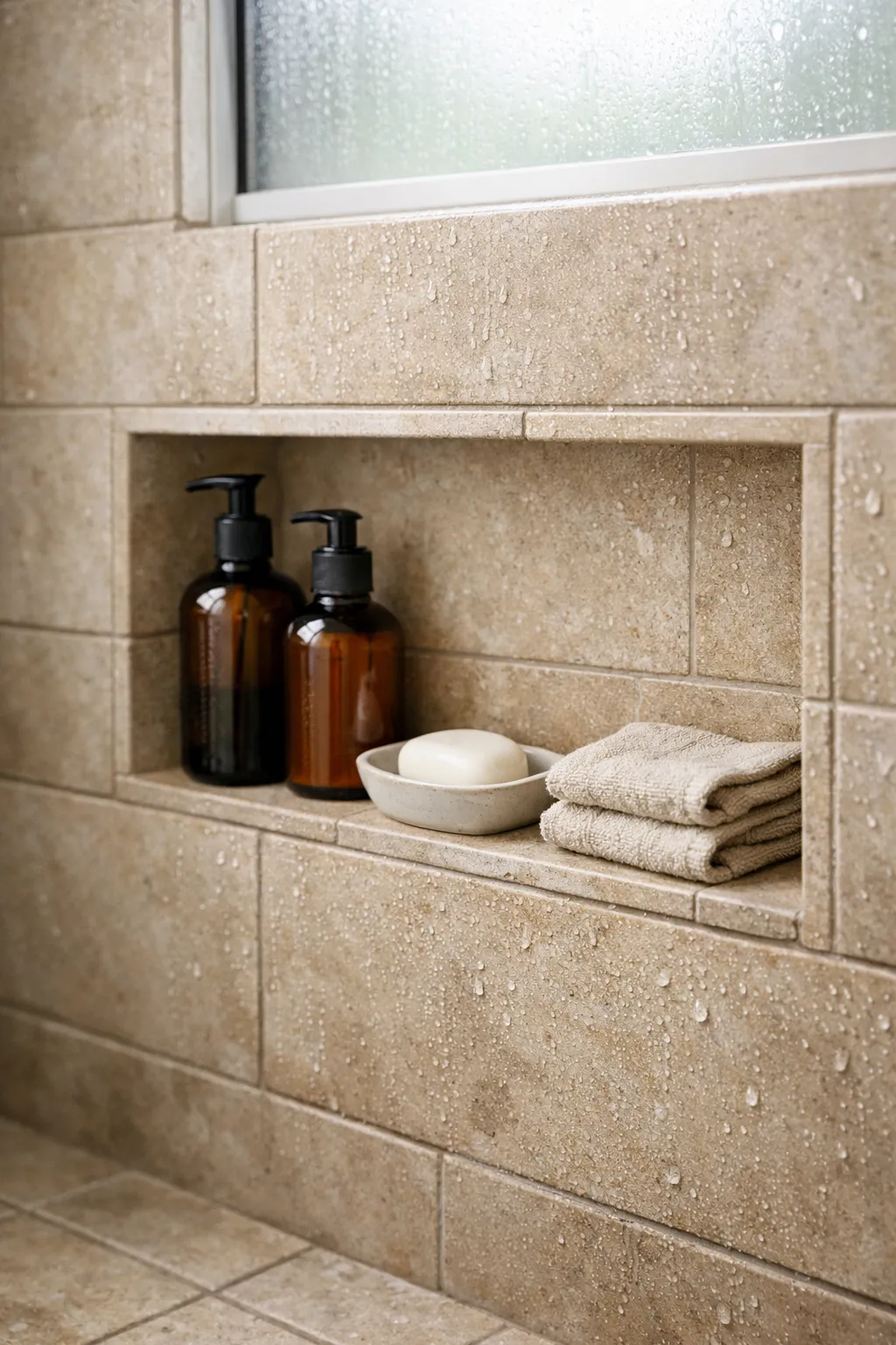 Modern shower wall niche holding shampoo bottles and soap inside a tiled shower.