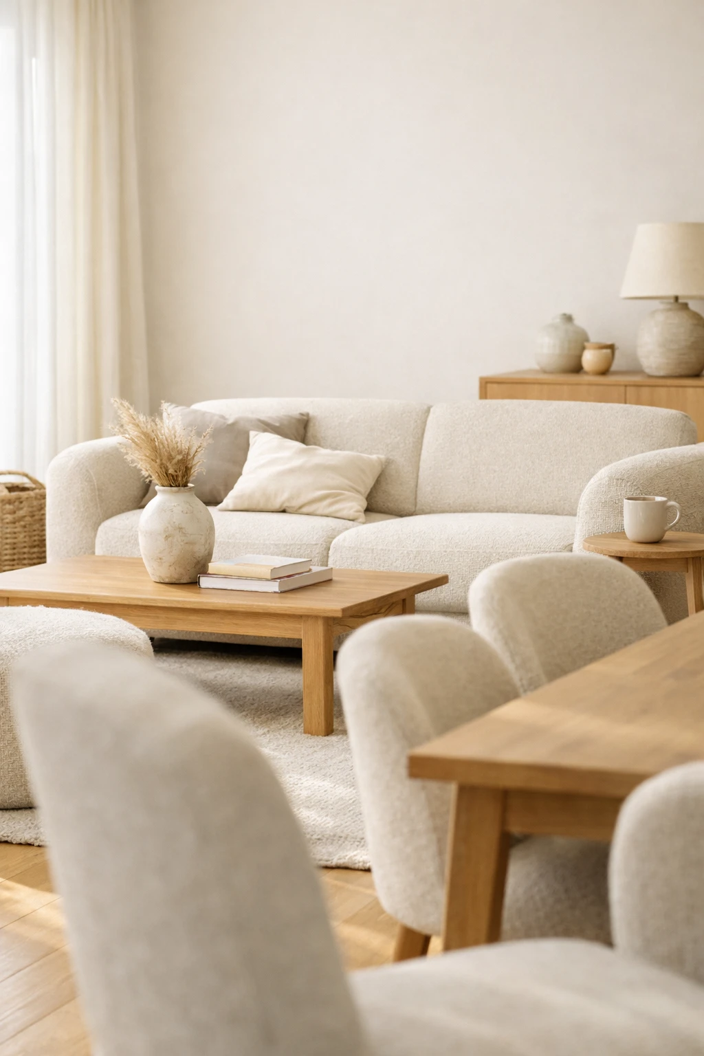 A living and dining space where curved upholstered dining chairs reflect the soft shape of the sofa.